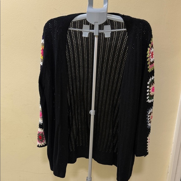 SHEIN Sweaters - SHEIN Black Open Cardigan with Pink, White and Green Crochet Sleeve Motifs